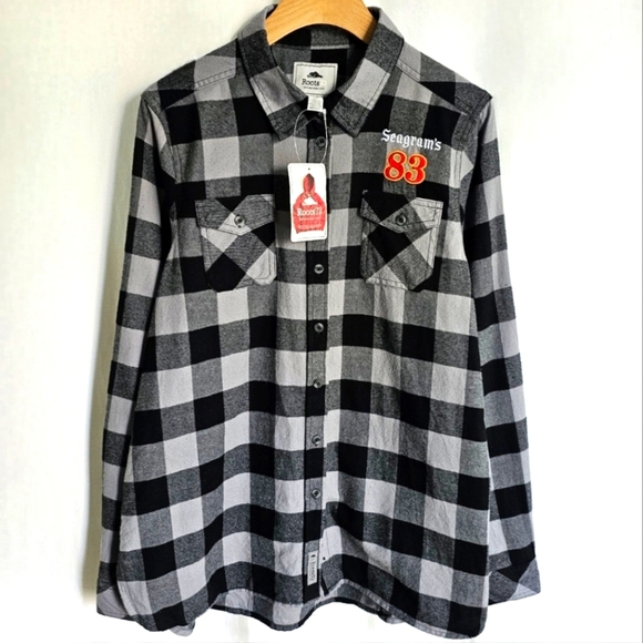 🇨🇦 Roots Spruce Lake Long Sleeve Grey & Black Plaid Flannel Button Shirt - Picture 5 of 16